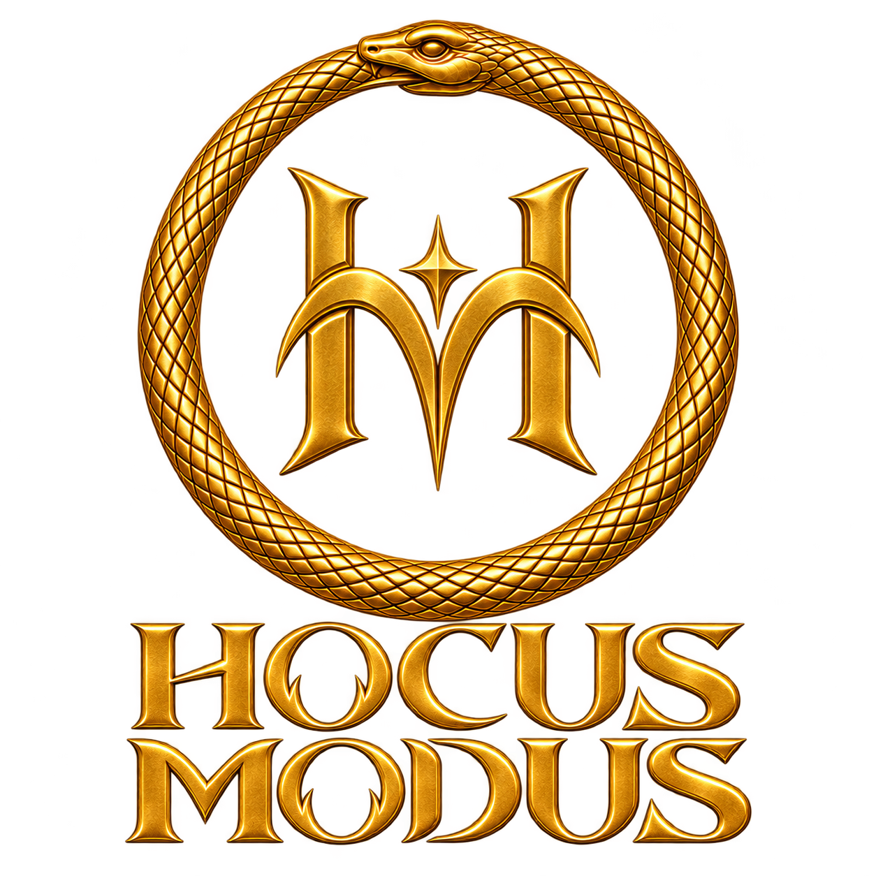 Hocus Modus: gold HM monogram and wordmark enclosed by an ouroboros
